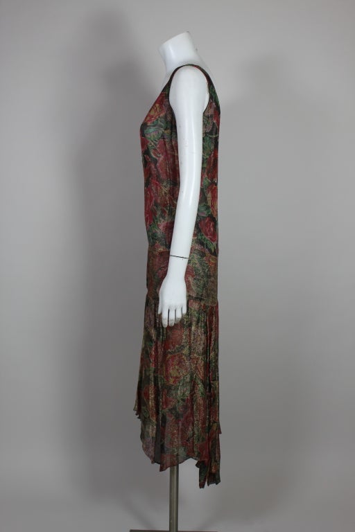 Women's 1920’s Floral Print Silk Lamé Flapper Dress For Sale