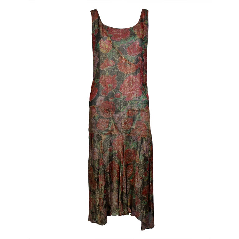 1920’s Floral Print Silk Lamé Flapper Dress For Sale
