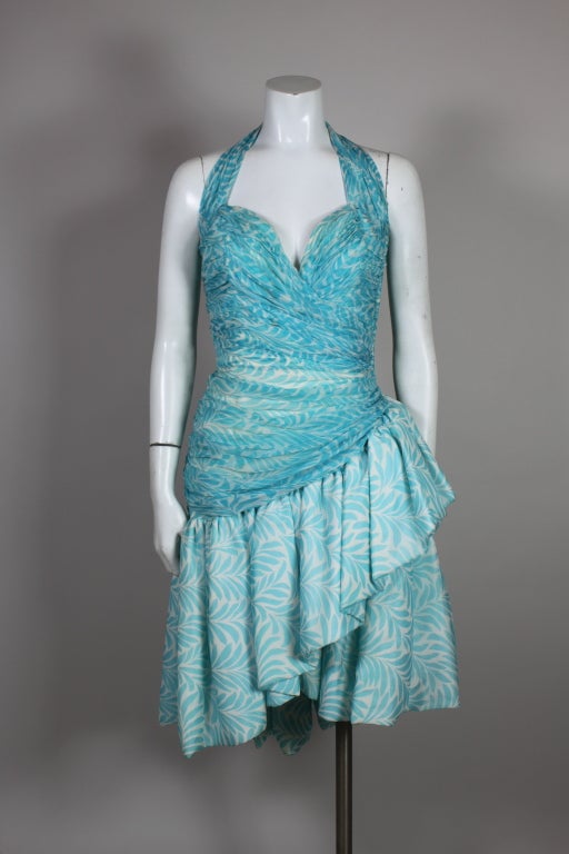 Blue 1980’s Vicky Tiel Hand Pleated Silk Chiffon Cocktail Dress