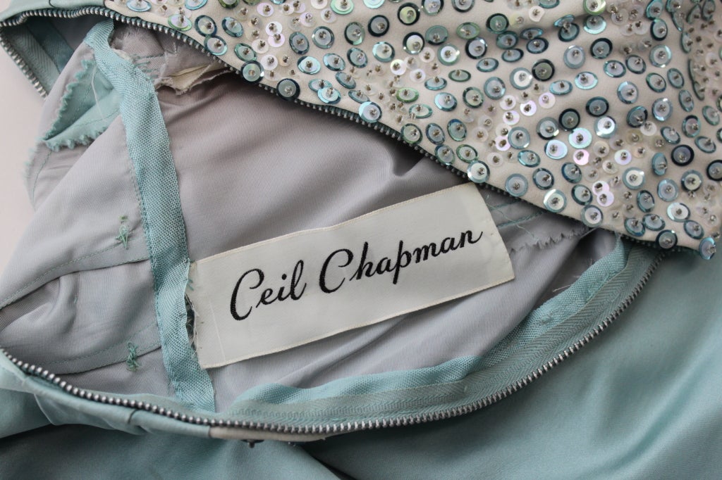 1950s Ceil Chapman Sequined Ice Blue Satin Dress 7