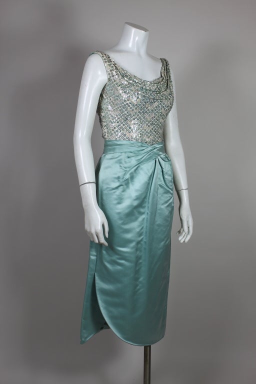 Women's 1950s Ceil Chapman Sequined Ice Blue Satin Dress