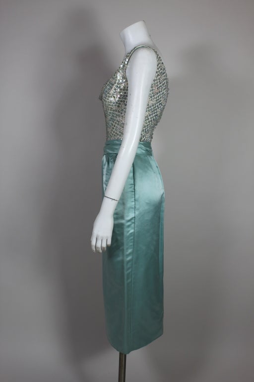 1950s Ceil Chapman Sequined Ice Blue Satin Dress 1
