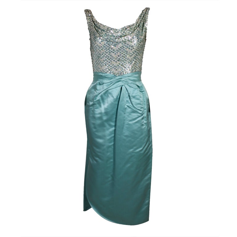 1950s Ceil Chapman Sequined Ice Blue Satin Dress