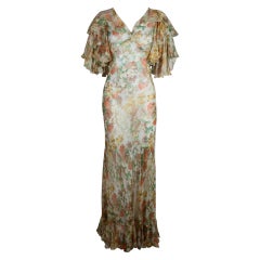 1930’s Floral Chiffon Bias Cut Gown with Ruffle Sleeves