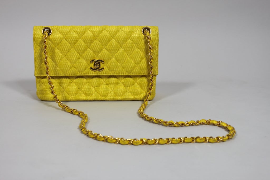 CHANEL Yellow Raffia Quilted Flap Purse at 1stdibs