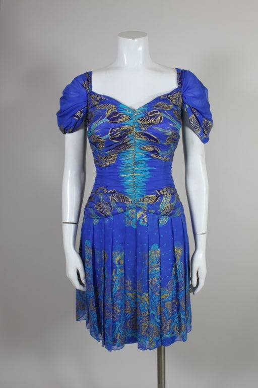 Blue 1980's Zandra Rhodes Hand Painted Silk Party Dress For Sale