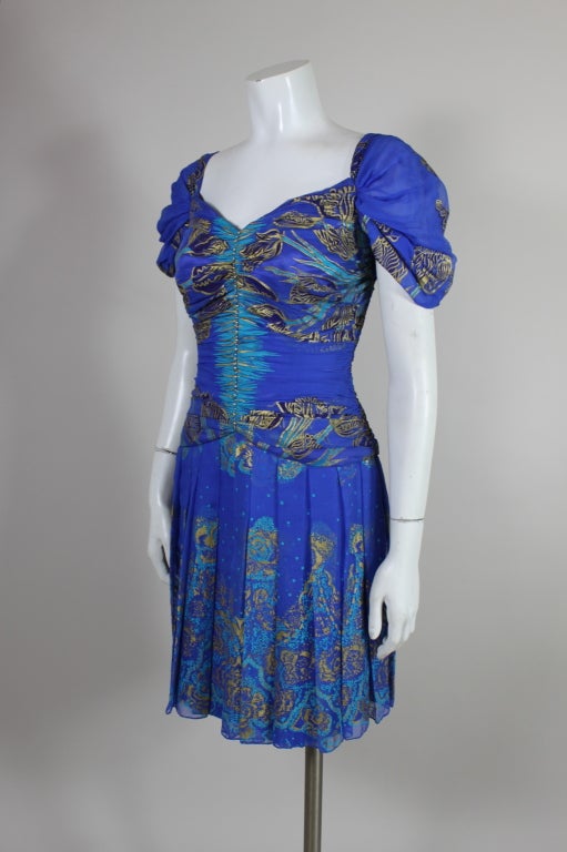 1980's Zandra Rhodes Hand Painted Silk Party Dress In Good Condition For Sale In Los Angeles, CA