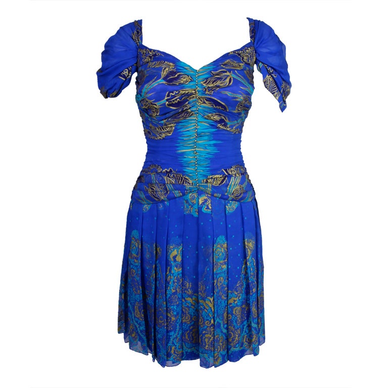 1980's Zandra Rhodes Hand Painted Silk Party Dress For Sale