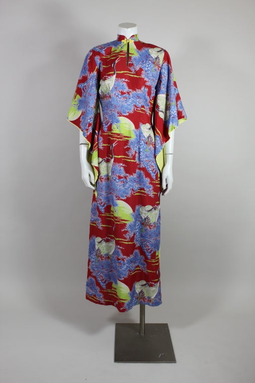 Brown 1940’s Crane Print Hawaiian Rayon Dress