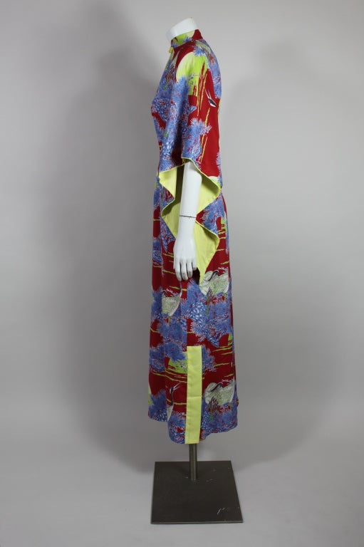 1940’s Crane Print Hawaiian Rayon Dress 1