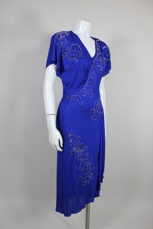 Women's Valentino 1940’s Inspired Sapphire Blue Beaded Jersey Dress For Sale