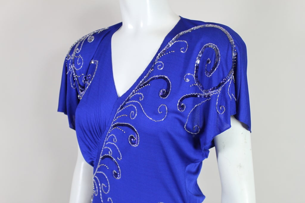 Valentino 1940’s Inspired Sapphire Blue Beaded Jersey Dress For Sale 4