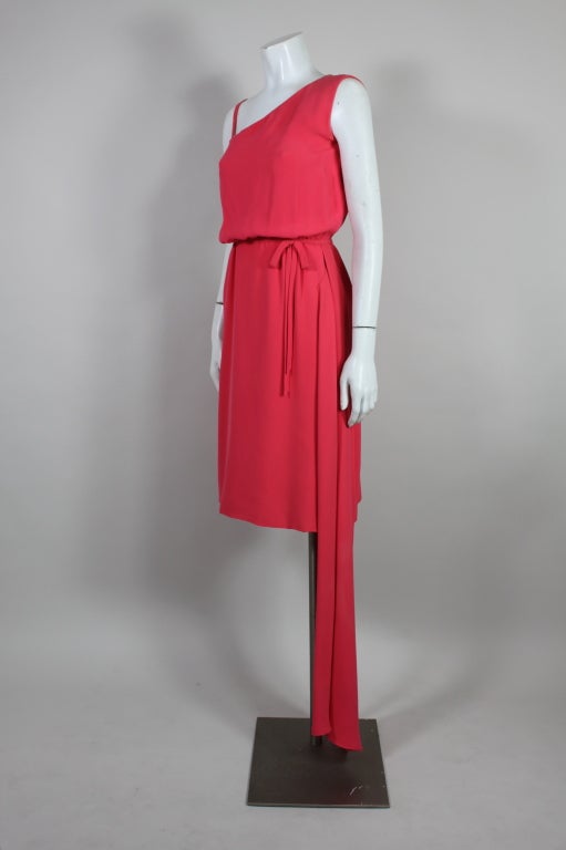 Red 1960’s Mainbocher Coral Silk Crepe Asymmetrical Cocktail Dress For Sale