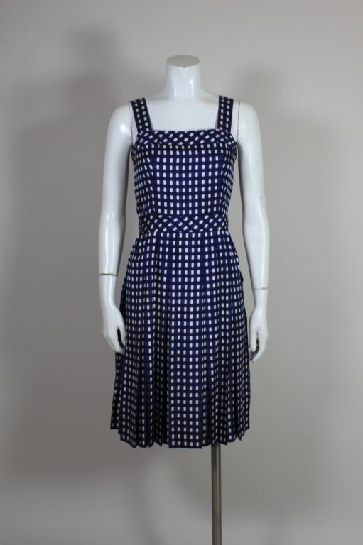 Women's Jean Patou Navy Blue Gingham Silk Dress with Jacket