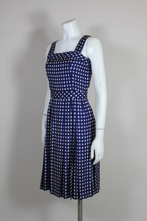 Jean Patou Navy Blue Gingham Silk Dress with Jacket 1