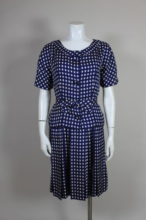 Jean Patou Navy Blue Gingham Silk Dress with Jacket 4