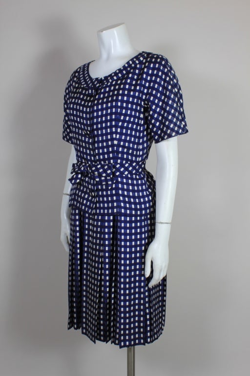 Jean Patou Navy Blue Gingham Silk Dress with Jacket 5