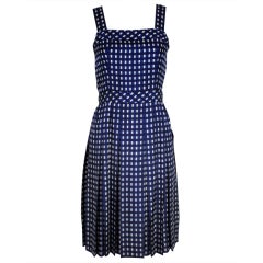 Jean Patou Navy Blue Gingham Silk Dress with Jacket
