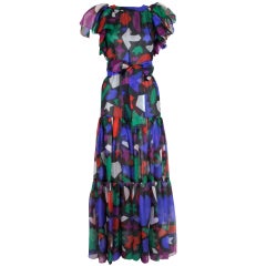 1980's YSL Yves Saint Laurent Silk Tiered Geometric Floral Gown