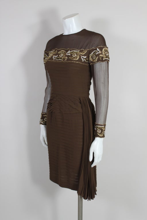 Brown Venet 1980s Beaded Silk Chiffon Pleated Cocktail Dress For Sale
