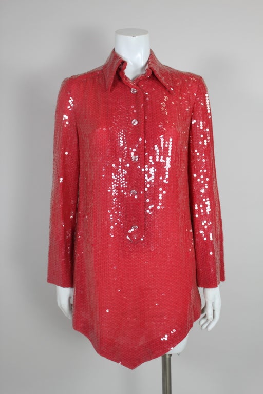 Halston Attribution 1970s Red Sequined Tunic with Handkerchief Hem In Excellent Condition In Los Angeles, CA
