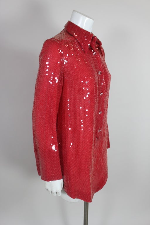Women's Halston Attribution 1970s Red Sequined Tunic with Handkerchief Hem
