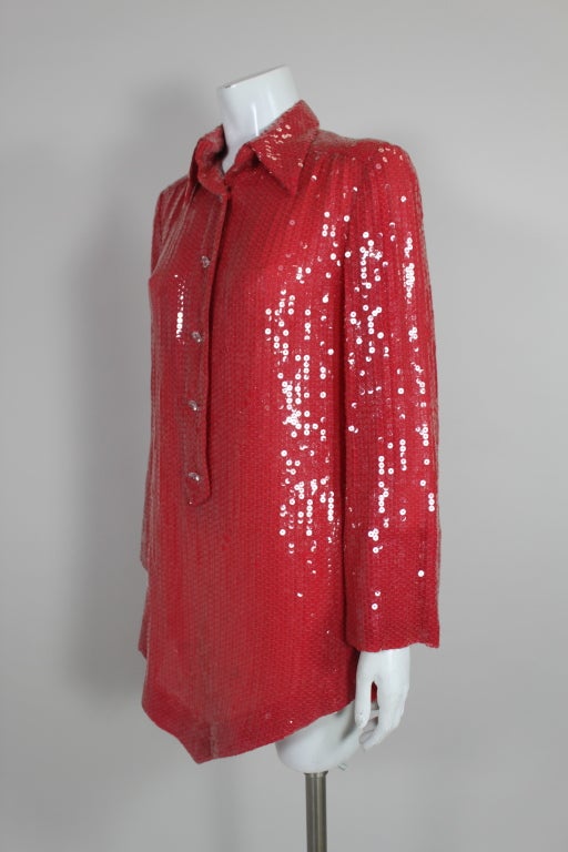 Halston Attribution 1970s Red Sequined Tunic with Handkerchief Hem 1