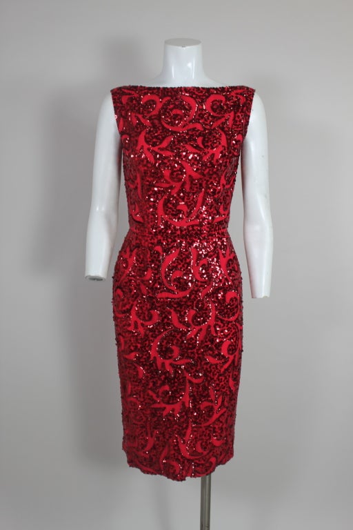 Saks Red Sequin Cocktail Dress at 1stdibs