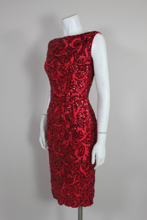 Saks Red Sequin Cocktail Dress at 1stdibs