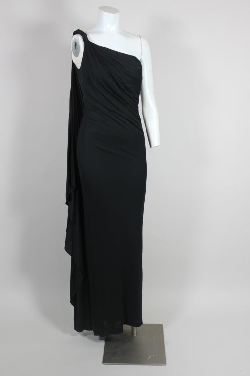 1970's Black Jersey Goddess Gown with Knotted Shoulder at 1stDibs