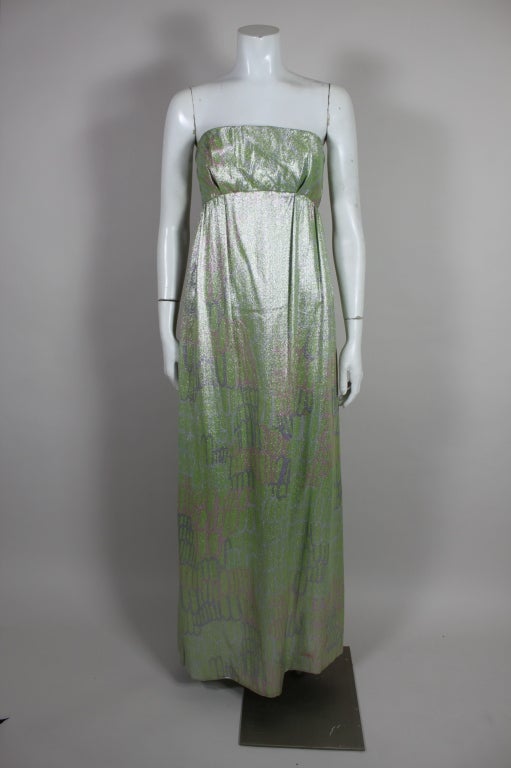 1960s Mint Green Metallic Lamé Empire Waist Strapless Gown