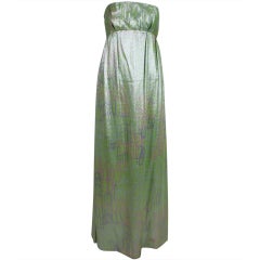 Vintage 1960s Mint Green Metallic Lamé Empire Waist Strapless Gown