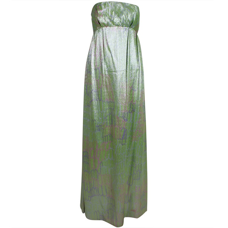 1960s Mint Green Metallic Lamé Empire Waist Strapless Gown For Sale