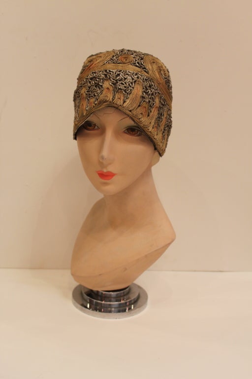 Brown 1920's Metallic Lamé Cloche Hat For Sale