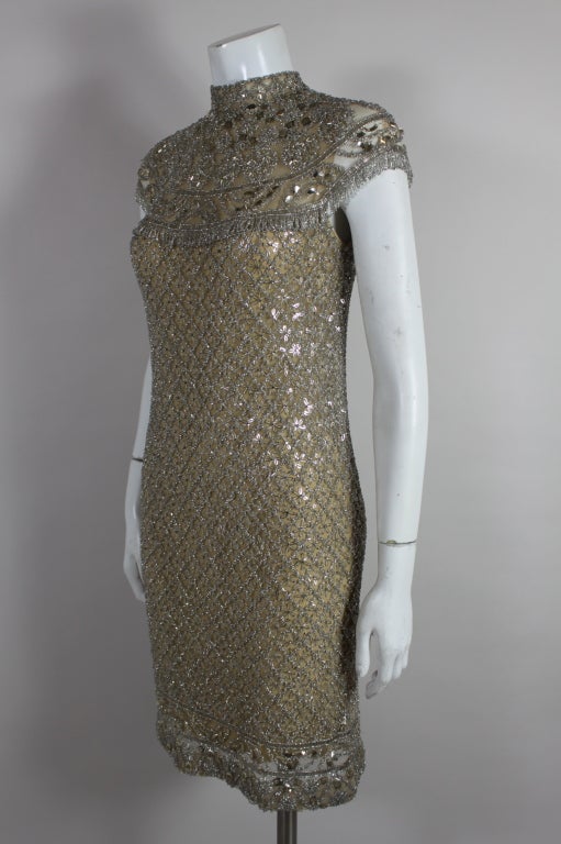 Women's Mod 1960's Elaborately Beaded Silver and Nude Cocktail Dress