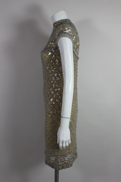 Mod 1960's Elaborately Beaded Silver and Nude Cocktail Dress 1