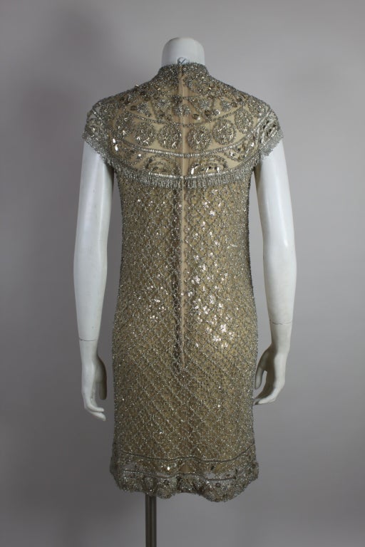 Mod 1960's Elaborately Beaded Silver and Nude Cocktail Dress 2