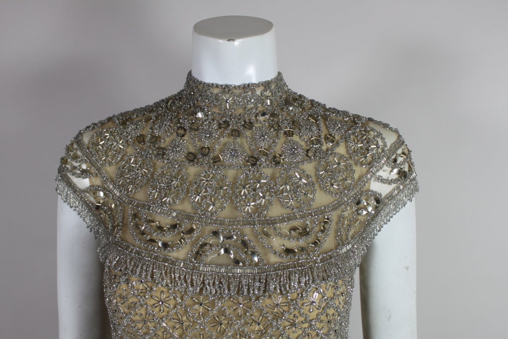 Mod 1960's Elaborately Beaded Silver and Nude Cocktail Dress 3
