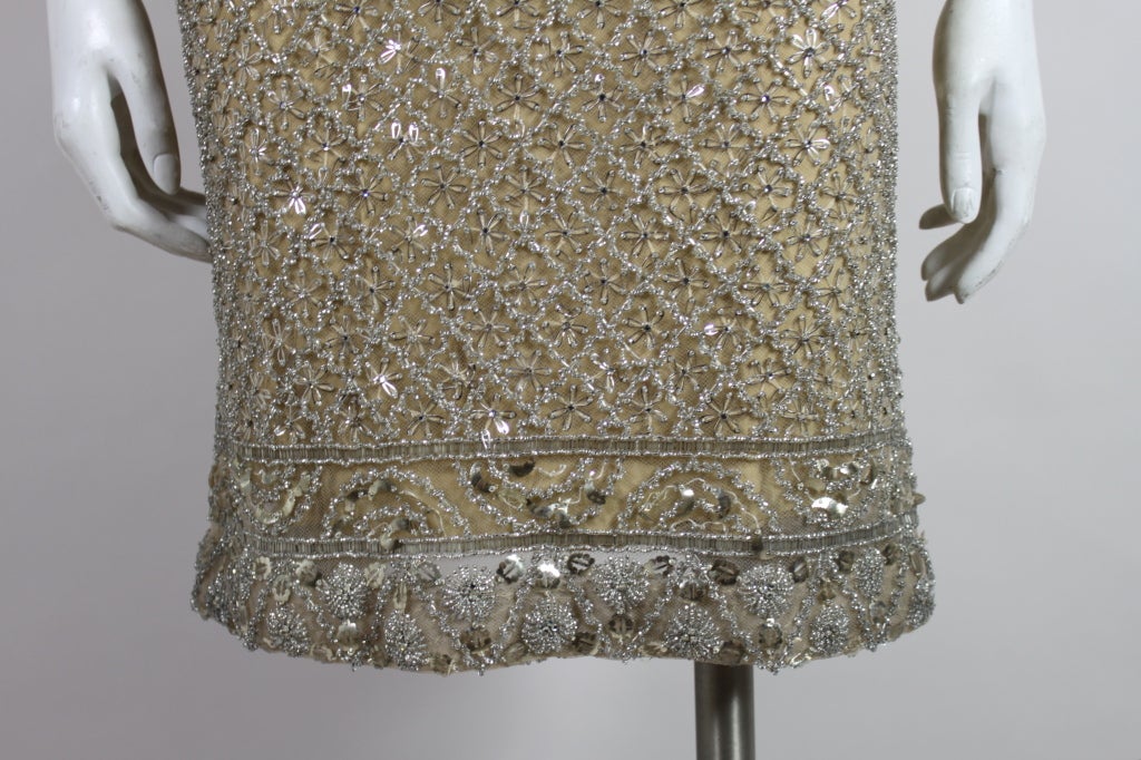Mod 1960's Elaborately Beaded Silver and Nude Cocktail Dress 4