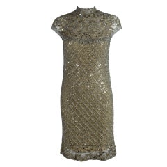 Mod 1960's Elaborately Beaded Silver and Nude Cocktail Dress