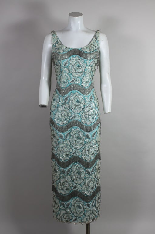1960's Turquoise Floral Lace Gown with Beading