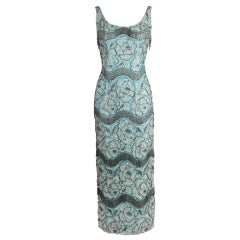 1960's Turquoise Floral Lace Gown with Beading