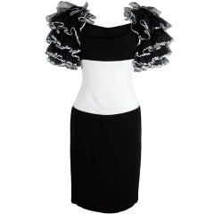 1980's CHANEL Black and White Party Dress with Ruffles