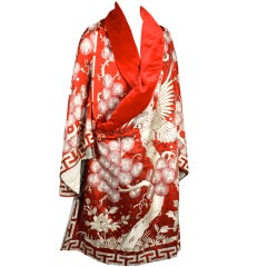 Art Deco Fiery Red Silk Kimono with Falcon Embroidery