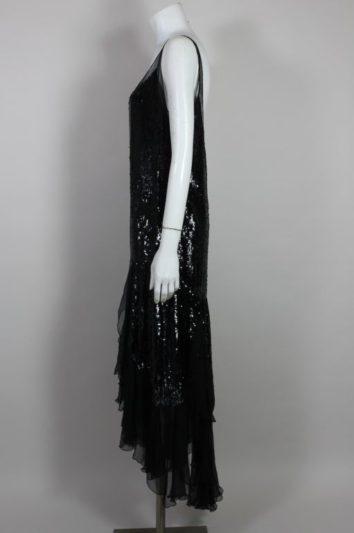 1920's Jet Black Sequined Chiffon Flapper Dress 1