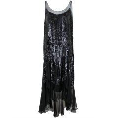 1920's Jet Black Sequined Chiffon Flapper Dress