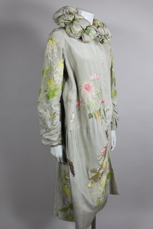 Women's 1920's Dove Grey Silk Coat with Asian Embroidery