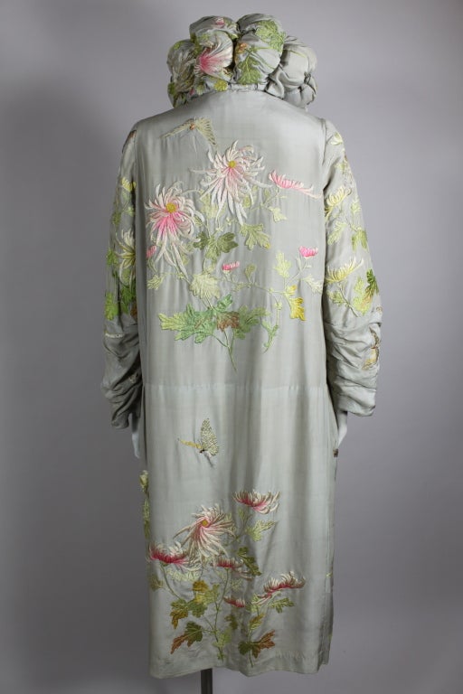 1920's Dove Grey Silk Coat with Asian Embroidery 3