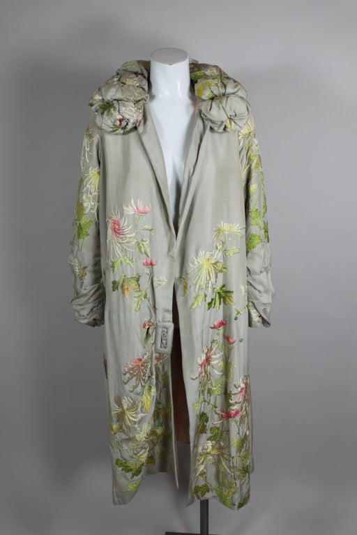 1920's Dove Grey Silk Coat with Asian Embroidery 4