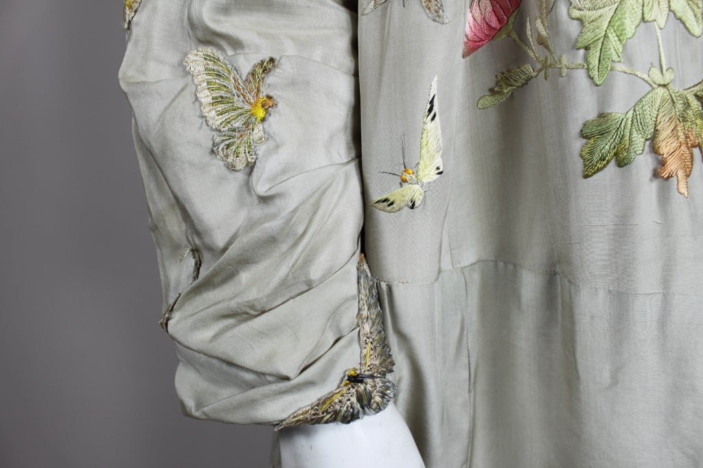 1920's Dove Grey Silk Coat with Asian Embroidery 6